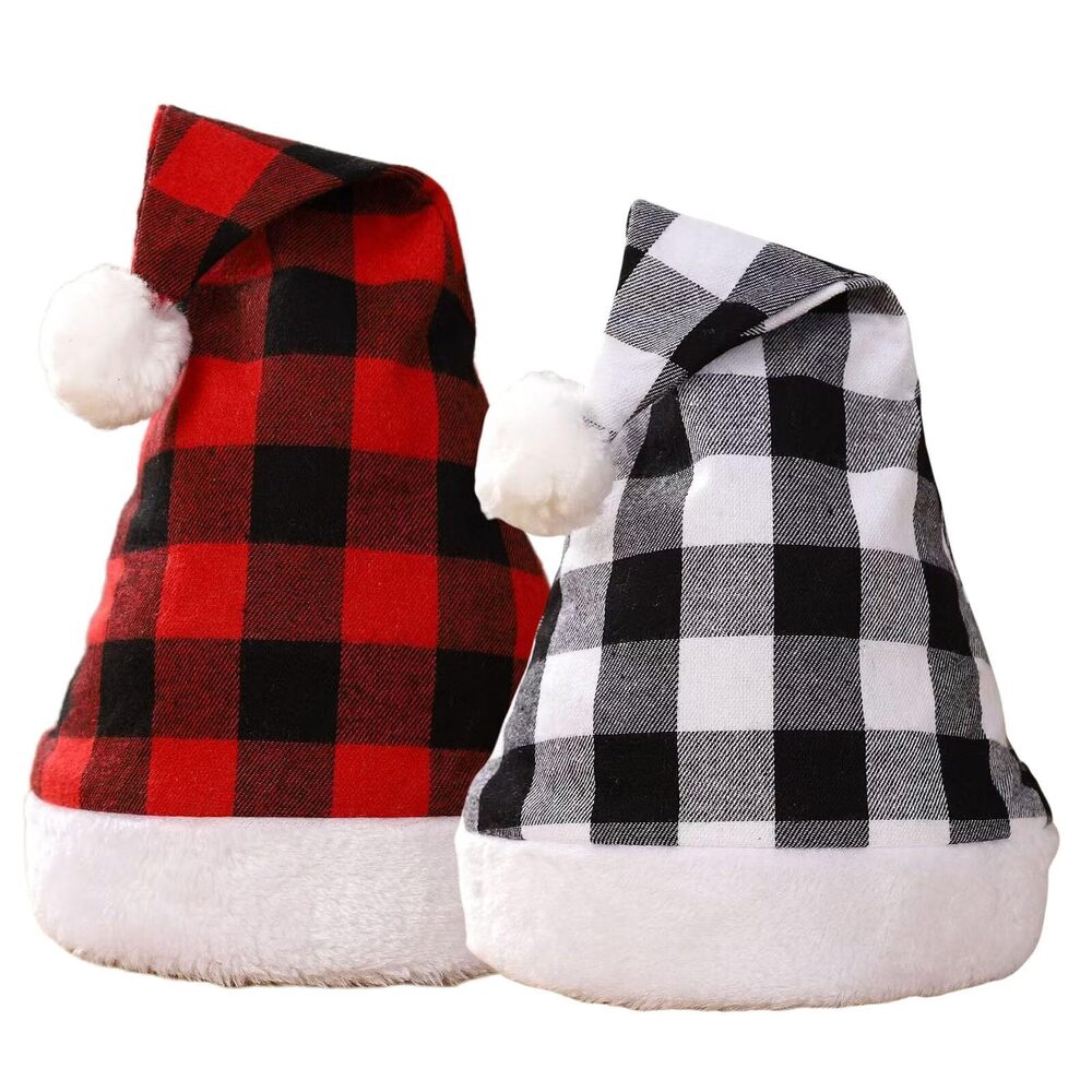 8266 Luxury Plush Santa Hat - Black Buffalo Plaid for Christmas Gifts &